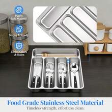 IKOCO Organizador de cubiertos para utensilios de cocina, bandeja de cubiertos de acero inoxidable para cucharas, tenedores, cuchillos, vajilla, 5 compartimentos, plata - Pago - Ver 4