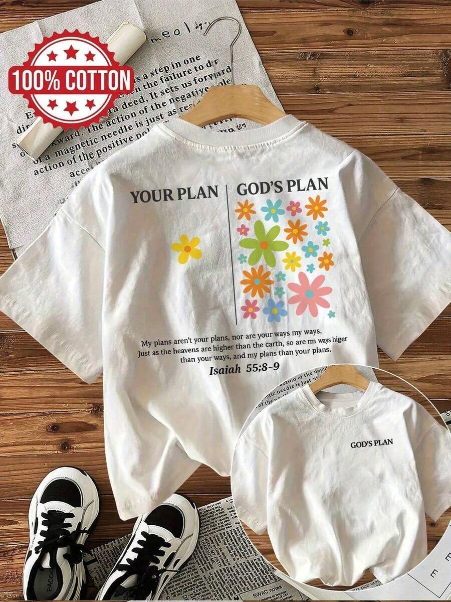 Women's Short-Sleeve Soft Graphic T-Shirt, Casual Crew Neck, Regular Length, Floral Print "YOUR PLAN" And "GOD'S PLAN", Spring/Summer All-Season Top | Relaxed Fit T-Shirt | Soft Textured Shirt, 100% Cotton - 白色的 - 查看 1