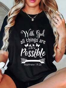 Plus Size, Women's Christian Faith Inspirational T-Shirt With The Phrase "With God All Things Are Possible" (Matthew 19:26) - Black T-Shirt With Bible Verse, Floral Butterflies And Elegant White Lettering, Casual Crew Neck T-Shirt, Soft And Breathable, Religious Clothing With Durable Print - 黑色 - 查看 6