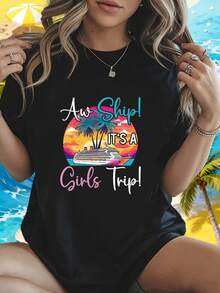 | Exquisite Design | Loose And Comfortable | Easy To Match | Oh, The Ship's Here! This Is A Trip With Your Besties. Women's Short-Sleeve T-Shirt With Sunset Cruise Print, Crew Neck, For Spring/Summer. - 黑色 - 查看 7