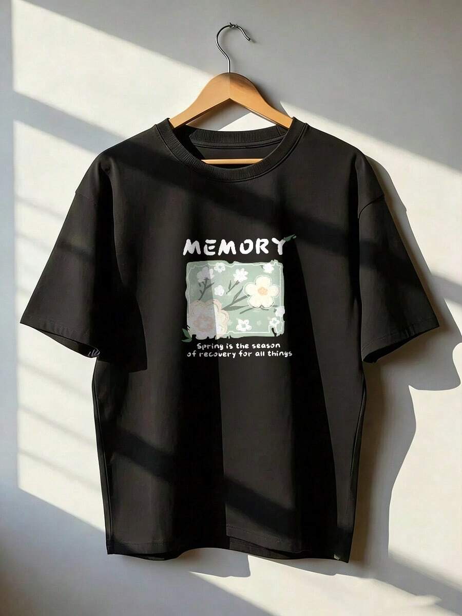 Floral T-Shirt With The Text "MEMORY". Short-Sleeved T-Shirt For Spring And Summer 2026, Made In Mexico, 180 Grams. Cartoon Print, Couple Design, Suitable For Indoor Or Outdoor Wear. Crew Neck, Unisex, Ideal For The Office And Leisure. One-Pack. - BK-P631577SLNDXZGY582 - 查看 1
