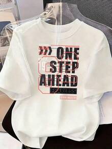 T-Shirt With "One Step Ahead" Text And Urban Graphic Design.  Short-Sleeved T-Shirt For Spring And Summer 2026, Made In Mexico, 180 Grams. Cartoon Print, Couple Design, Suitable For Indoor Or Outdoor Wear. Crew Neck, Unisex, Ideal For The Office And Leisure. One-Pack. - WH-P631577SLNDXZGY618 - 查看 2