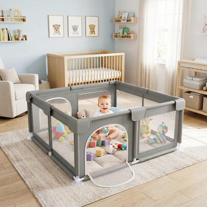 Baby-Laufstall – 120 x 120 x 60 cm 3-in-1-Laufstall – Multifunktionales Laufstall, das als Bettgitter, Spielbett und Krabbelbereich genutzt werden kann, einfach aufzubauen, langlebig