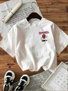 | Exquisite Design | Loose And Comfortable | Easy To Match | [Double-Sided Print] Women's Spring/Summer T-Shirt, Cartoon Style, Strawberry, "YOU ARE SO" Print, Pure Cotton, Casual Daily Wear, Short Sleeve, Round Neck, Women's T-Shirt - 白色 - 查看 2