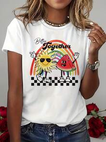 Camiseta de Verano Premium para Mujer con Estampado "Better Together", Camiseta Vintage con Estampado de Dibujos Animados para Mujer, Temática Divertida de Verano, Manga Corta, Cuello Redondo Casual, Versátil. - Blanco - Ver 7