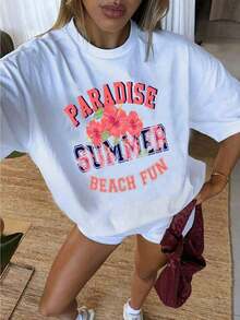 Women's 100% Cotton T-Shirt With Tropical Hibiscus And Palm Tree Print - Fun Summer Beach Design With Red Lettering, Casual Short Sleeve Crew Neck T-Shirt For Vacation And Casual Wear, Breathable For All Seasons, Hawaiian Style. Crew Neck, 100% Cotton, Soft Fabric, Short Sleeve. - 白色 - 查看 5