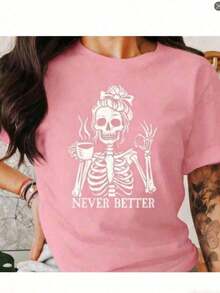 Camiseta Casual de Verano para Mujer, Camiseta de Amante del Café con Esqueleto, Esqueleto Divertido Nunca Mejor, Camiseta Gráfica de Esqueleto de Halloween, Diseño Gótico de Esqueleto, Camisetas Gráficas 100% Algodón Cómodas - Blanco - Ver 8