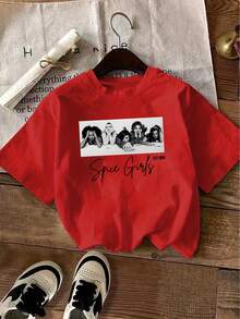 Spi Girls Print Summer T Shirts Viral Womens T-Shirts Black White Portrait With Handwritten Letter Design T-Shirt, Summer Daily Fashion Short Sleeve Tee For Ladies - 紅色 - 查看 1