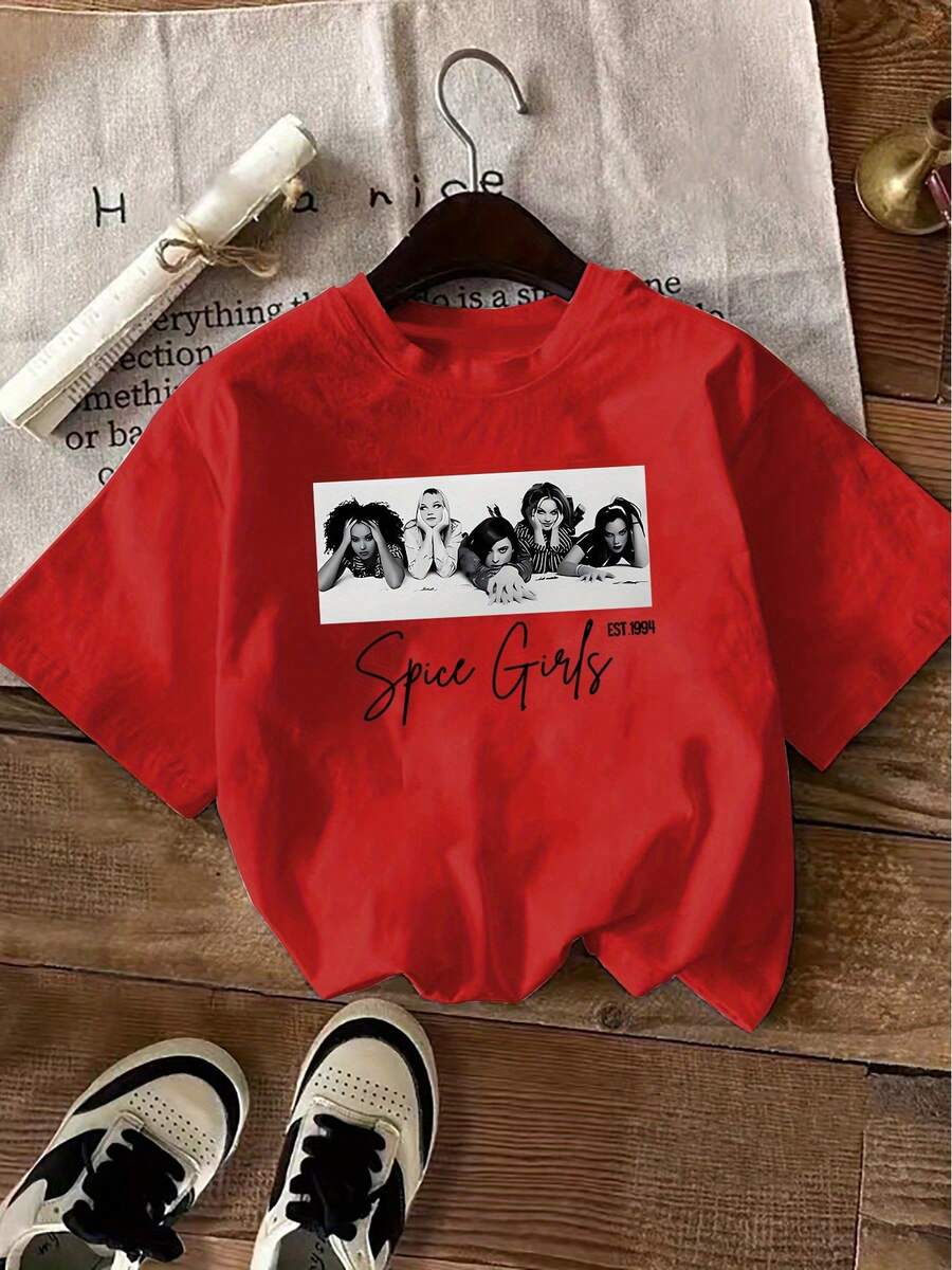 Spi Girls Print Summer T Shirts Viral Womens T-Shirts Black White Portrait With Handwritten Letter Design T-Shirt, Summer Daily Fashion Short Sleeve Tee For Ladies - 紅色 - 查看 1
