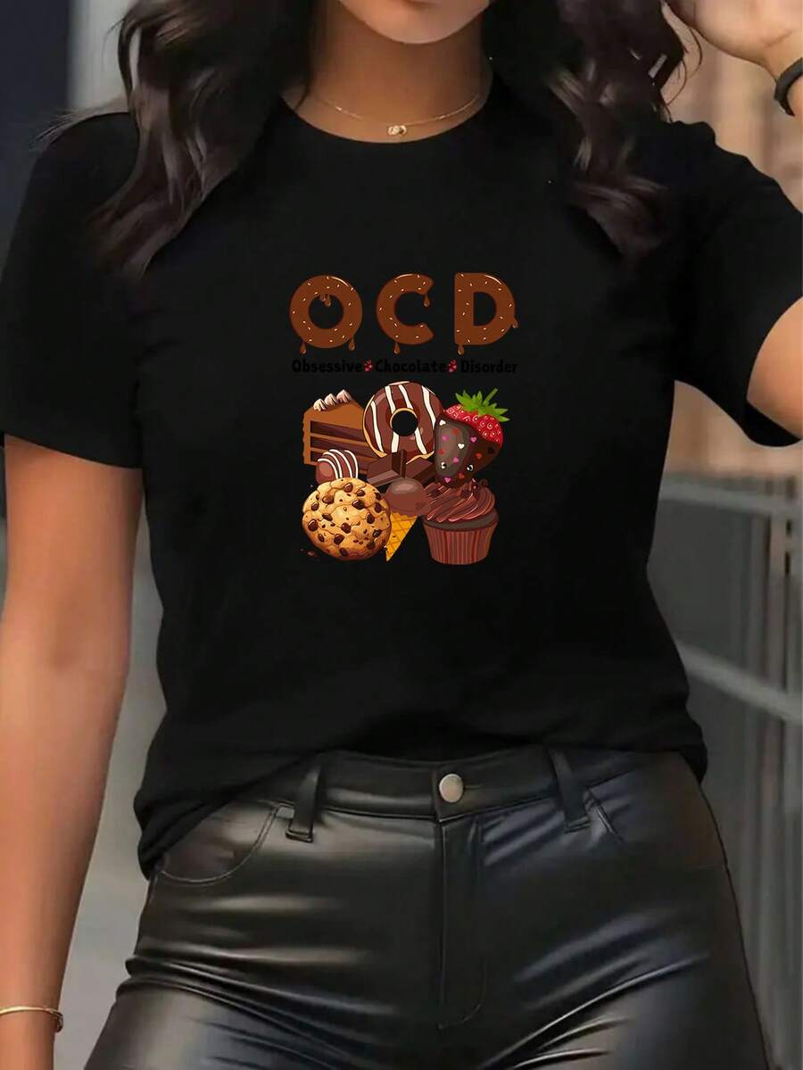 Women's T-Shirt, 1 Piece, Unisex Casual Sports Fashion T-Shirt For Chocolate Lovers, Funny T-Shirt For Chocolate Addicts, T-Shirt With The Phrase "I Love Chocolate", Top For Chocolate Lovers, Short Sleeve Top With Chocolate Print, Birthday Gift. - 黑色 - 查看 1