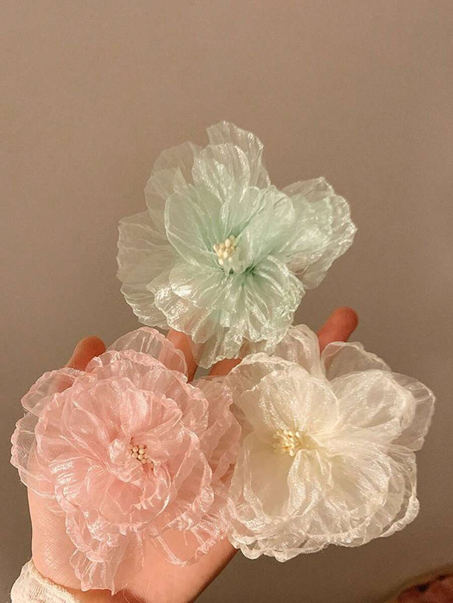 3 piezas Clip de pelo de tul con estampado floral dulce y etéreo - Clip para flequillo lateral bohemio para mujeres, accesorio para vacaciones y playa con acento central de flor - Multicolor - Ver 1