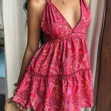 Vestido bohemio con estampado, escote halter con lazo y espalda descubierta, versátil para uso casual, vacaciones y diario, primavera/verano - Color caoba - Ver 9