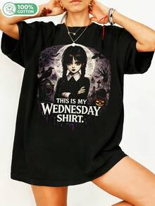 Gothic Moon Crow Horror Cartoon Graphic 100% Cotton Oversized T-Shirt Y2K Streetwear Aesthetic Unisex T-Shirt For Men And Women, For Wednesday Fans, Casual Halloween Top. - Black - View 1