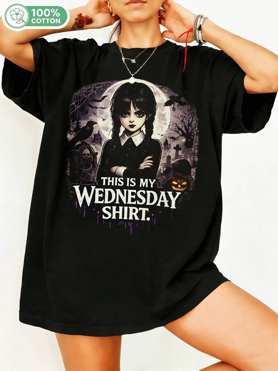 Gothic Moon Crow Horror Cartoon Graphic 100% Cotton Oversized T-Shirt Y2K Streetwear Aesthetic Unisex T-Shirt For Men And Women, For Wednesday Fans, Casual Halloween Top. - Black - View 1