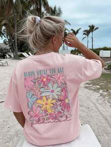 Women's T-Shirt With Letter Print, Round Neck, And Short Sleeves, Casual And Versatile Style For Holidays, Suitable For Daily Wear, Vacations, And Summer Fashion - 淺粉色 - 查看 6