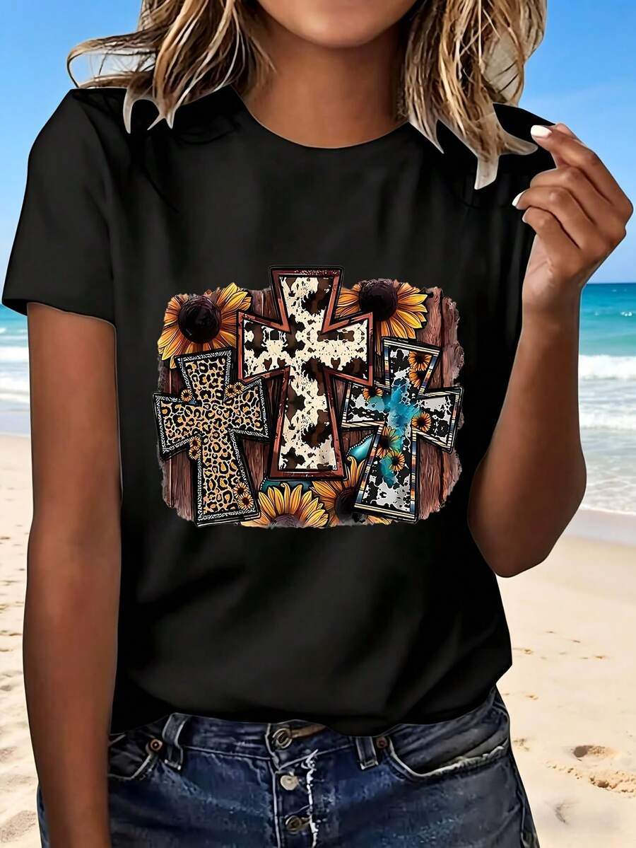 Cross Pattern Sunflower Leopard Print T Shirt With Fashion Design Casual Wear Perfect Gift For Beach Outing And Everyday Style - Black - View 1