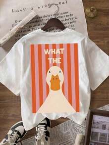 Camiseta Casual de Mujer con Cuello Redondo y Manga Corta, Estampado Gráfico de "Pato", Top Holgado y Cómodo para el Verano - Albaricoque - Ver 10