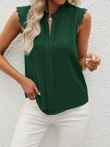 Clasi Camisa de mujer sin mangas de unicolor con cuello en V elegante y parche de encaje, verano - Verde Oscuro - Ver 6