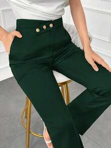Pantalones elegantes de mujer con pierna recta, cintura suelta y detalles de botones para otoño/invierno - Verde Oscuro - Ver 3