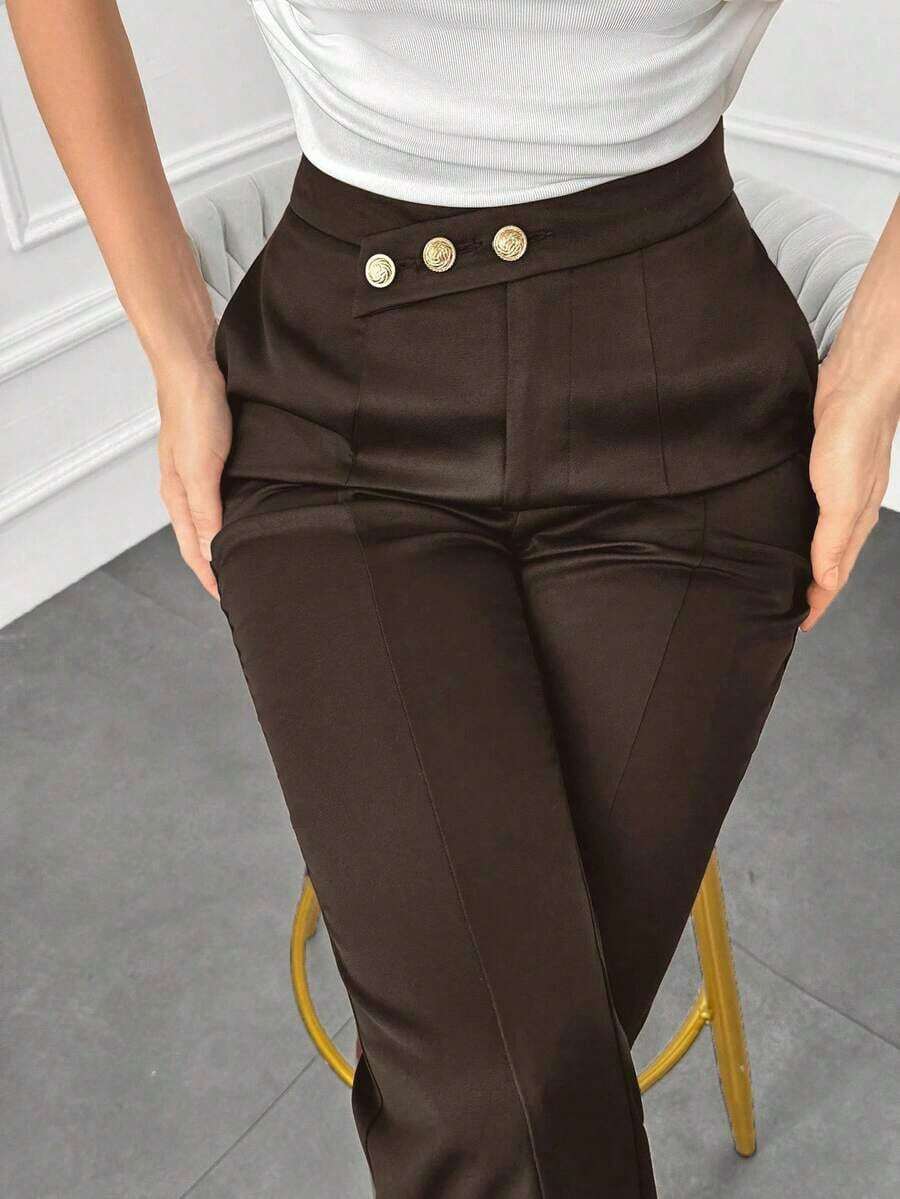 Pantalones elegantes de mujer con pierna recta, cintura suelta y detalles de botones para otoño/invierno - Café integral 2 - Ver 1