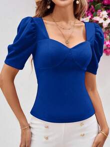 Clasi Top de escote corazón de corte ajustado con mangas tipo cordero, color rojo rosa - azul real - Ver 3