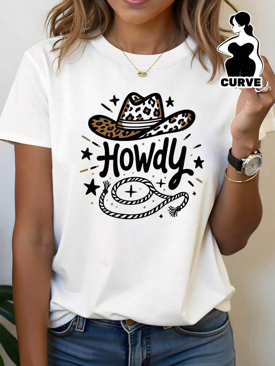 1 pieza de camiseta de moda casual para mujer, de cuello redondo, para primavera/verano, con diseño de sombrero de vaquero con estampado de leopardo y la inscripción "Howdy", talla grande, para uso diario, compras y fiestas, 180g 100% algodón. - Blanco - Ver 1