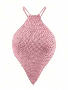 Blusa de punto de mujer de verano con cuello halter, dobladillo asimétrico y unicolor - Rosa - Ver 5