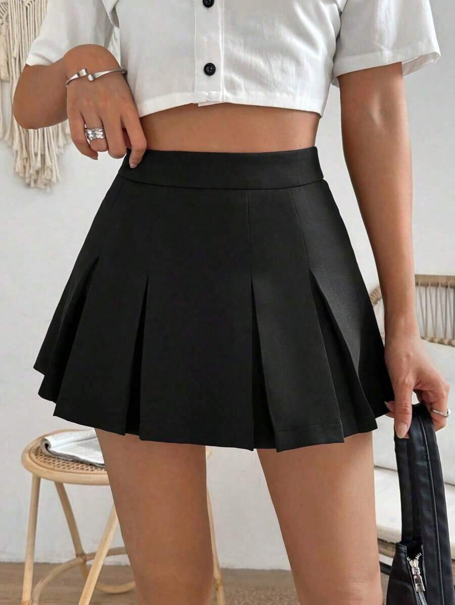 Falda minimalista de unicolor y estilo informal y elegante para mujer - Negro 3 - Ver 1