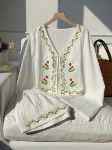 Conjunto de blusa con amarre al frente y shorts con estampado de anacardo para mujer, en estilo bohemio - Blanco - Ver 5