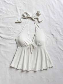 Bata escote en V con lazo y espalda descubierta informal de estilo casual para vacaciones, adecuada para el verano - Blanco - Ver 4