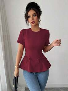 Blusa casual de primavera y verano, elegante, de estilo francés, de unicolor, con cuello redondo, corte evasé, manga corta, con cintura ceñida, detalle de lazo y cremallera posterior - Granada - Ver 4
