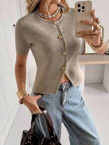Cárdigan casual de mujer de manga corta, cuello redondo, con botones delanteros, de unicolor y delgado - Café integral - Ver 6