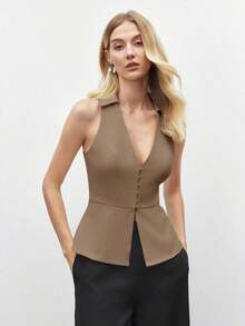 Blusa sin mangas de cuello blanco para mujer, de estilo urbano moderno y elegante, versátil para uso diario, con un toque retro de los 90.Adecuada para Navidad, Año Nuevo, San Valentín, fiestas, playa, graduación, moda, festivales, vacaciones, in - Marrón 2 - Ver 7
