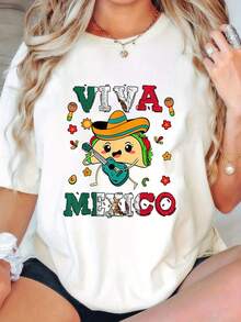 Women's Cotton T-Shirt With A Mexican Independence Day Flag Print And Mexican Roll Pattern, 100% Cotton, All-Season Casual Wear, Mexican Style, Personalized, Made Of Knit Fabric With Slight Elasticity, Suitable For Weekend Casual Wear, And Machine Washable, A Practical Choice For Everyday Use - Women's 180G Pure Cotton T-Shirt - 白色 - 查看 1