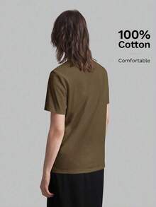 2026 Primavera/Verano Camiseta casual de mujer de manga corta con diseño de rayas de unicolor y cuello redondo, adecuada para el estilo casual urbano, la moda minimalista, el transporte urbano, la sencillez elegante, el Día del Maestro, la tela de p - Marrón - Ver 2