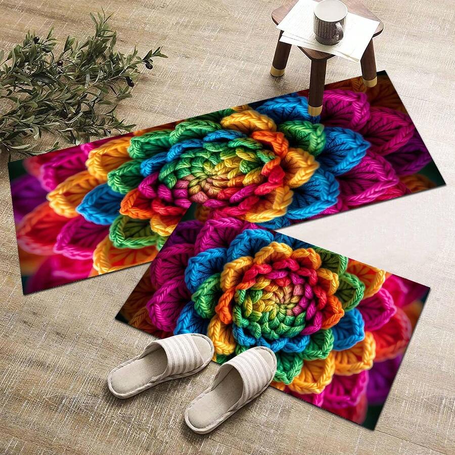 1 pieza Alfombra impresa con patrón floral colorido 2D, Serie de felpudos largos, Adecuado para sala de estar, lavandería, baño, dormitorio, cocina - Multicolor - Ver 1
