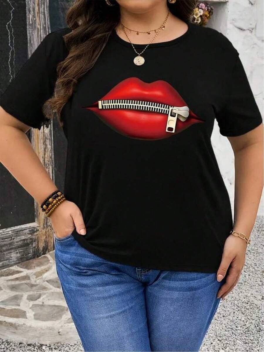 1 Piece Unisex Loose Fit T-Shirt 180g 100% Pure Cotton, Unique Y2K T-Shirt With Red Lips Design And Zipper That Highlights Your Bold And Modern Style, Perfect For Those Looking For An Original And Attractive Look. Ideal For Any Occasion And A Must-Have In Your Wardrobe. - 黑色 - 查看 1