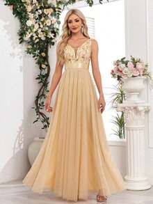 Vestido de dama de honor formal de línea A con escote en V sin mangas, bordado y de malla, vestido de fiesta elegante, vestido de invitado de boda formal, vestido de ceremonia de graduación, vestido de noche de primavera - Dorado - Ver 7