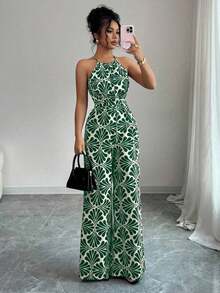 Mono de tela estampada con envolvente frontal para mujer, diseño que define la cintura para usar en ocasiones elegantes, ya sea de fiesta o diario - Verde 2 - Ver 1