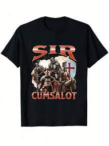 Unisex T-Shirt With Sir Cumsalot Knight Meme, Medieval Humor, Knight Print, Casual Wear, Crew Neck, Short Sleeve, Machine Washable, All Season Comfort - 黑色 - 查看 7