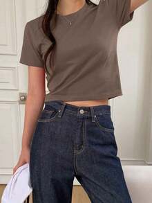 Camiseta de manga corta de unicolor para dama, ideal para verano - Marrón - Ver 3