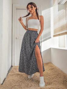 Falda De Verano Para Mujeres Con Estampado Floral Pequeño Y Abertura De Muslo - Blanco y Negro - Ver 5