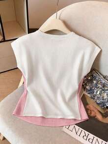 Camiseta de punto de manga corta con mariposa de 2 en 1 sin mangas y parches para mujer, diseño de bloques de color negro y blanco, top corto ajustado, ropa casual exterior - Rosa - Ver 2