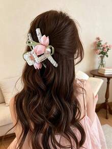 1 pieza Nuevo clip de cabello con forma de tulipán para primavera/verano, elegante clip de cabello de malla de jacquard blanco, lujoso clip de cabello con flor de encaje de perlas, accesorio de cabello superior etéreo y dulce, versátil para uso diario, viajes, citas - Multicolor - Ver 3