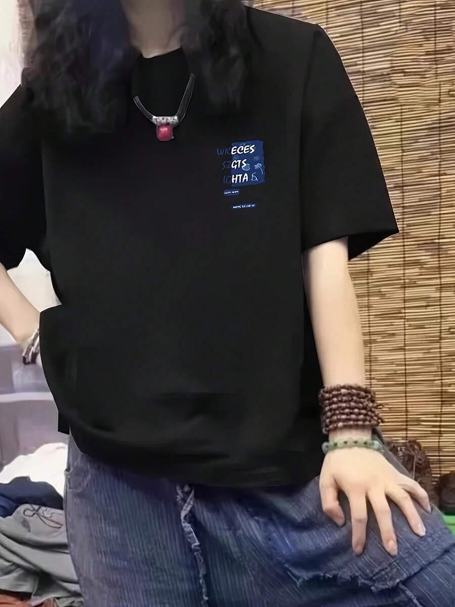 Women's Creative And Modern Vintage American Short Sleeve T-Shirt, Summer Letter Print Design, Oversized Niche Top, Wardrobe Essentials DCOE - 黑色 - 查看 1