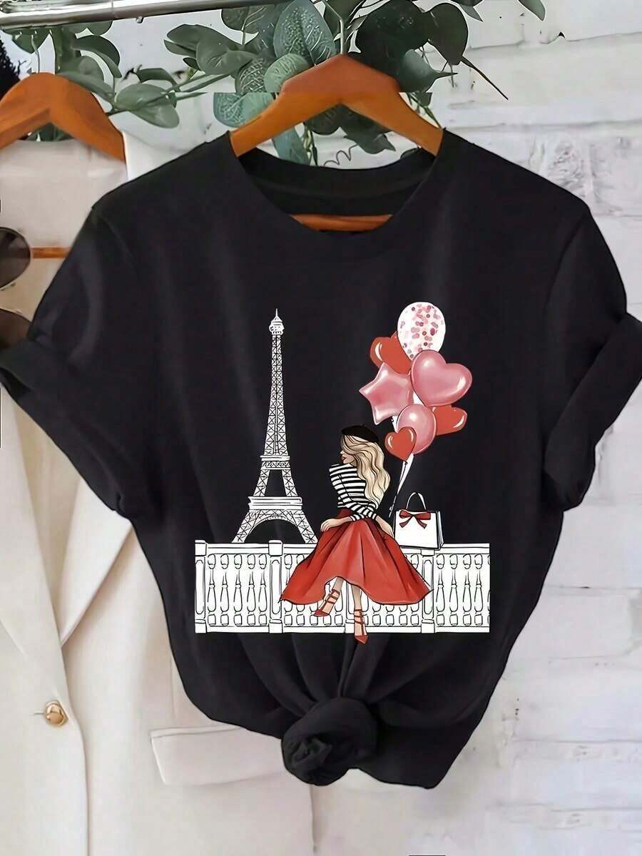 Camiseta de manga corta para mujer, informal, para primavera y verano. - Negro - Ver 1