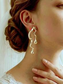 4/6/16 piezas Conjunto de aretes elegantes de moda en dorado, incluye diseños de moño, aro, círculo, corazón, estrella, onda, forma de C, adecuado para uso diario y regalos festivos - Dorado - Ver 5