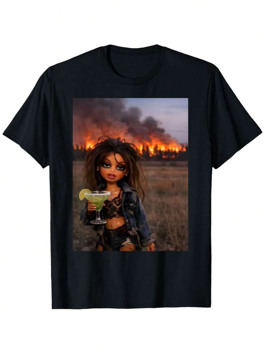 Camiseta con meme de cara de muñeca angustiada | Corte holgado informal, cuello redondo, tela ligeramente elástica, perfecto para disfraces festivos de adulto. - Negro - Ver 1