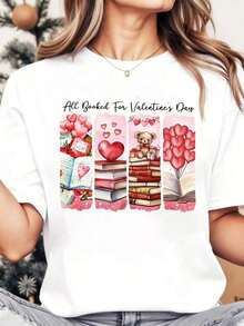 Camiseta Casual para Mujer, Cuello Redondo, Estampado de Libros y Corazones para el Día de San Valentín, Manga Corta, Regalo para el Día de San Valentín, 100% Algodón, Resistente - Blanco - Ver 1