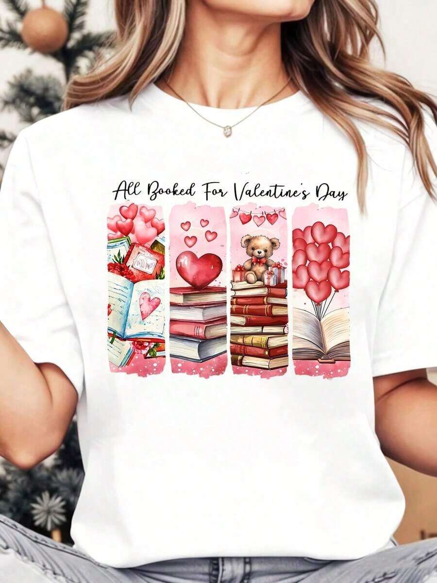 Camiseta Casual para Mujer, Cuello Redondo, Estampado de Libros y Corazones para el Día de San Valentín, Manga Corta, Regalo para el Día de San Valentín, 100% Algodón, Resistente - Blanco - Ver 1